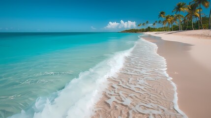 A pristine sandy beach with crystal-clear turquoise waters, waves gently lapping against the shore. Palm trees sway in the gentle breeze.