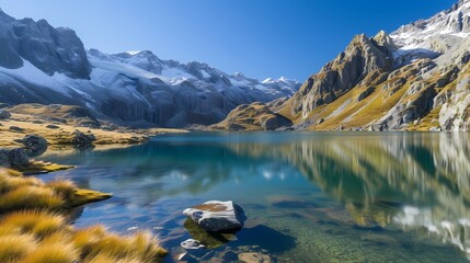 A pristine glacial lake nestled in a valley between rugged, snow-covered peaks, with the clear blue sky overhead.