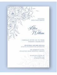 Vector of elegant floral hand drawn illustration blue wedding invitation template frame