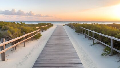 Long Boardwalk Leading To The White Sand Beach And - obrazy, fototapety, plakaty