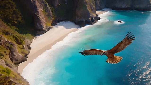 An eagle in flight dominates the foreground with its wings spread wide, soaring above a stunning secluded beach with turquoise waters and rugged cliffs. AI Generation