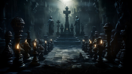 dramatic display of chess pieces surrounded - obrazy, fototapety, plakaty