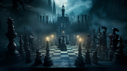 dramatic display of chess pieces surrounded