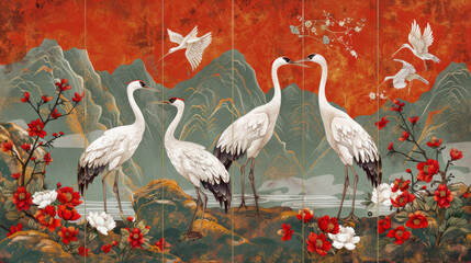 Folding screen in chinoiserie style with white cranes © Patthranit