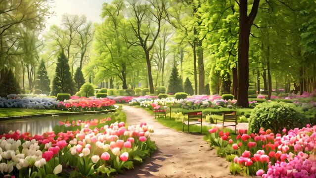 Capture the beauty of nature with this serene painting of a garden filled with colorful flowers and lush trees, Panoramic view to spring flowers in the park, AI Generated