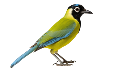 A vibrant blue and yellow bird gracefully perches atop a smooth white surface