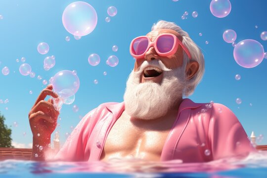 Cheerful elderly man in a pink bathrobe and heart-shaped sunglasses enjoying bubble play