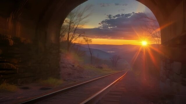 As The Sun Sets Behind The Mountains A Tunnel Stands As A Passage Between Day And Night Creating A Striking Contrast Of Light And . AI Generation.