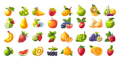 Set of cute fruit icons on white background.