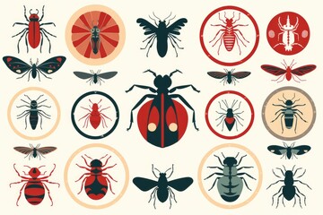 Colorful illustrated collection of insects including beetles and moths - obrazy, fototapety, plakaty