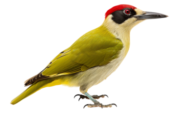 A green bird with a vibrant red head and a sleek black beak perches gracefully