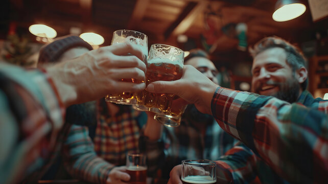 Cheerful Friends Toasting Beer Glasses in Warmly Lit Pub Atmosphere