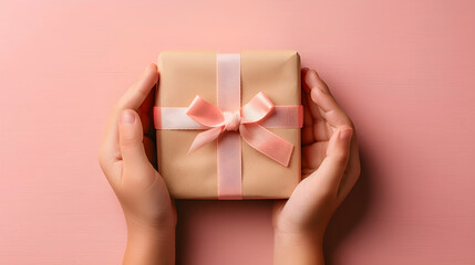 Child's hands holding a gift with a pale pink ribbon on a pink background, perfect for birthday or wedding celebrations.