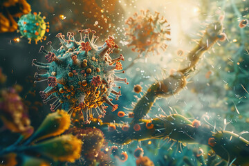 Vibrant Illustration of Viruses and Antibodies Interaction.