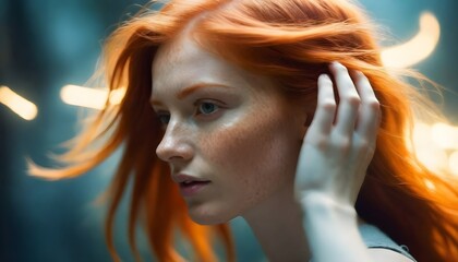 Magical Light Reflects Strokes Portrait Of A Red Haired Woman, Motion Blur Lights, Side View (155)