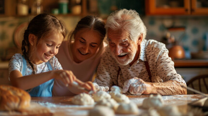 Three generations engage in making bread together, kneading dough and smiling in a warm kitchen.