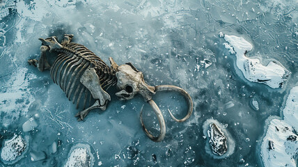 Aerial top view remains of mammoth lie in frozen ice, archaeological excavations - obrazy, fototapety, plakaty