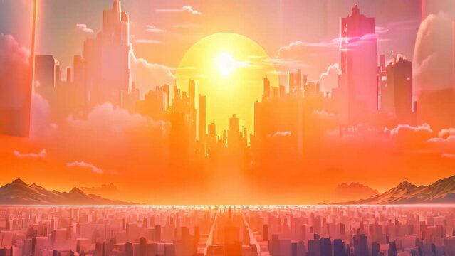 A stunning image of a futuristic city with a vivid sunset providing a breathtaking backdrop, Pixelated tech landscape with a radiant cyber sun, AI Generated