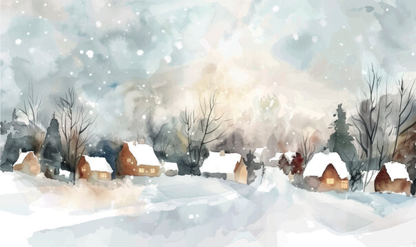 watercolor winter landscape with village in snow