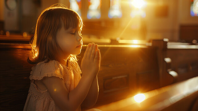Young baby girl pray in church Christian life crisis prayer to god. Children Hands praying to god with bible on sunlight glare.