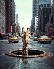 A Whimsical Giraffe Emerges from a Manhole in a 1970s New York City Street Scene.
