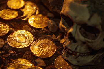 Cursed gold coins texture, shimmering with an unnatural glow amid ancient coins and skeletal remains, symbolizing greed and betrayal created with Generative AI Technology - obrazy, fototapety, plakaty