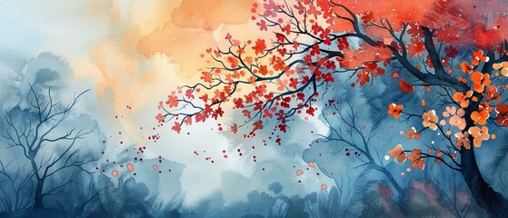 Obraz na płótnie Canvas Abstract spring blooms under stark tree silhouettes, watercolor serenade