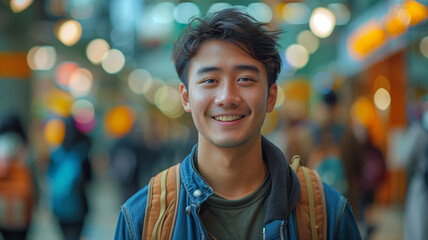 Asian young man student smiling at camera in university