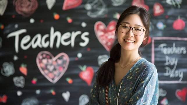 happy Asian female teacher smiling in front of blackboard with word Teacher's day write on it, Generative Ai	
