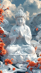 Buddha statue in prayer among clouds and orange flowers. Vesak Day greeting card.