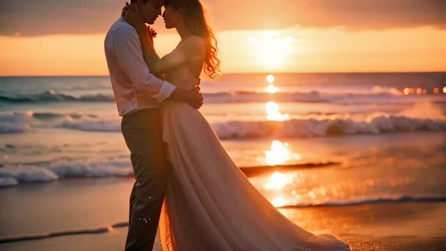 Bride and groom on the beach at sunset. Bride and groom at sunset, A beach wedding at sunset, AI Generated