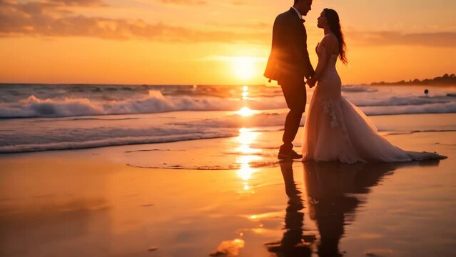 Romantic young couple embracing and kissing on the beach at sunset, A beach wedding at sunset, AI Generated