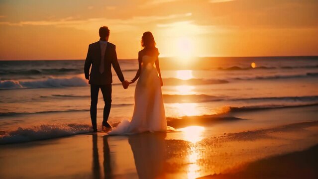 Wedding couple on the beach at sunset. Bride and groom at sunset, A beach wedding at sunset, AI Generated