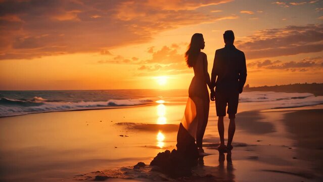Silhouette of romantic couple walking on the beach at sunset, A beautiful couple enjoying a scenic sunset on the beach, AI Generated