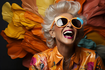Portrait of a smile person with orange sunglasses. Happy woman