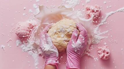 A person in pink gloves holding a dough ball with flour on it, AI