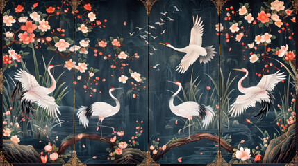 Folding screen in chinoiserie style with white cranes