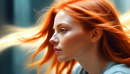 Magical Light Reflects Strokes Portrait Of A Red Haired Woman, Motion Blur Lights, Side View (57)