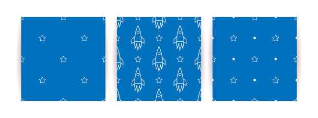Fototapeta na wymiar Set of seamless vector illustrations of space, rocket and stars on a blue background.