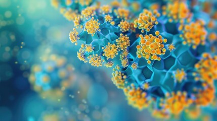 Hepatitis D viruses molecule vibrant blue and yellow colors floating in front of colorful background - obrazy, fototapety, plakaty