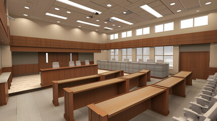courtroom with jury section, courtroom interior in a modern business center.