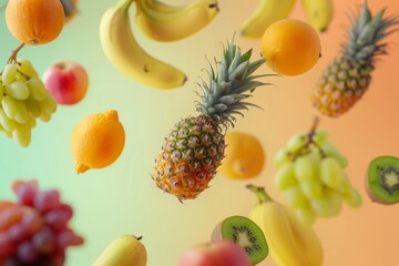 Colorful array of fruits levitating on a gradient background