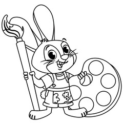 Painter rabbit character holding a huge brush and palette. Black and white cartoon vector illustration.