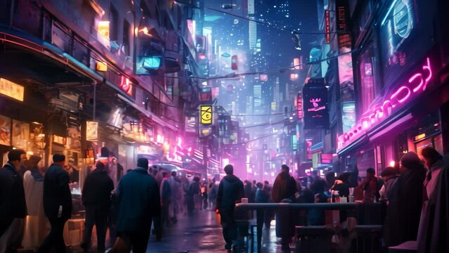 Night view of a street with a lot of people in the city, A bustling city nightlife scene with vibrant neon lights, AI Generated