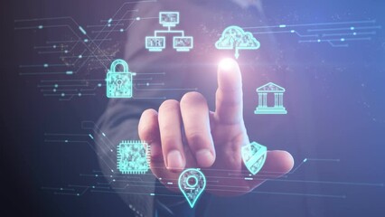 Animated icons with symbols of digitalization of information and its protection against the backdrop of a moving world map and electrons in an AI chip, which are indicated by a person. Cg