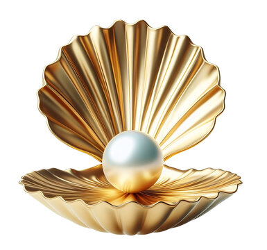 Seashell clam of gold with pearl, photorealistic illustration, isolated