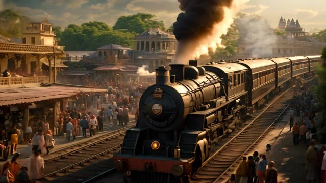 Locomotive in Kolkata, West Bengal, India, A bustling railway station in India with a steam engine pulling in, AI Generated