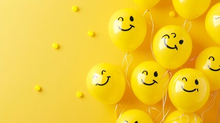 Naklejka premium Yellow smiley face balloons on bright background - An array of yellow smiley face balloons represents happiness and positivity on a vibrant background