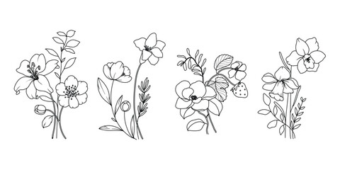 minimal line flower and botanical graphic sketch drawing, trendy tiny tattoo design, floral elements vector illustration - 774781621