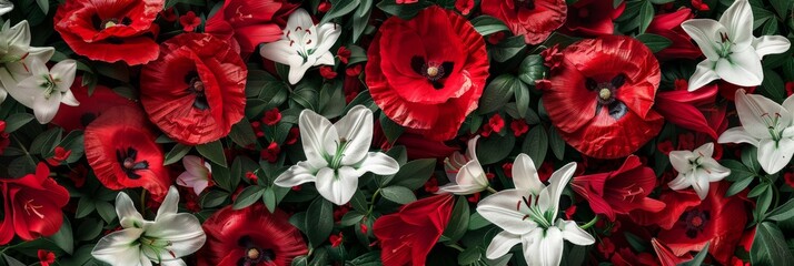 A blooming pattern reflecting the contrasts with a mix of blood-red poppies and pure white lilies representing beauty created with Generative AI Technology